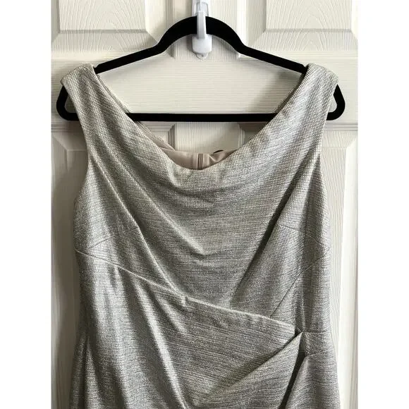 LAUREN RALPH LAUREN Plus Metallic Champagne Faux Wrap Cowl Neck Sheath Dress 16 - Picture 4 of 12